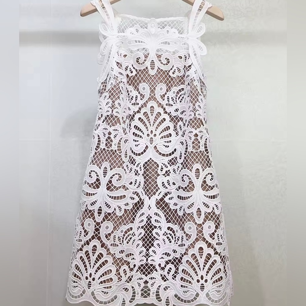 Self Portrait Guipure Lace Mini Dress in White